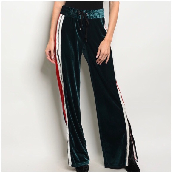 GREEN VELVET STRIPED PANTS - Picture 3 of 4
